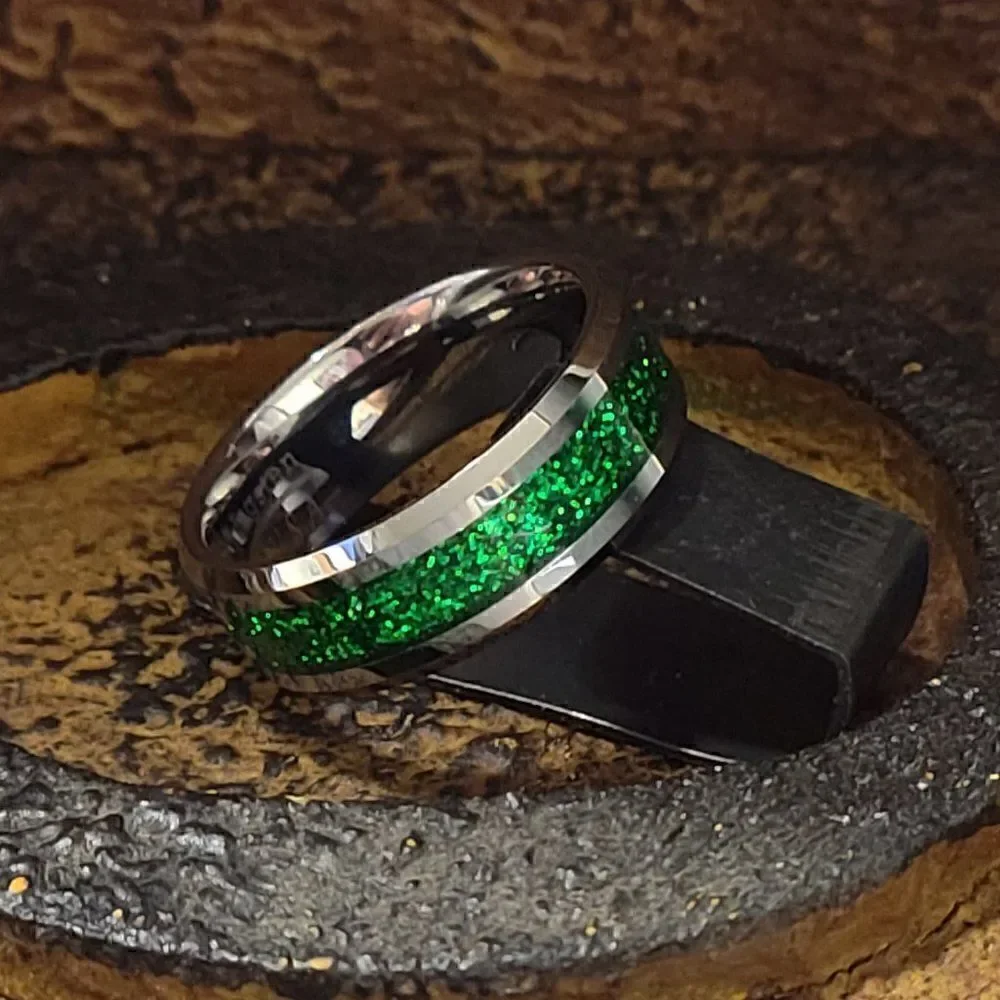 Personalized Men's Green Emerald Galaxy Tungsten Promise Ring  or Wedding Ring